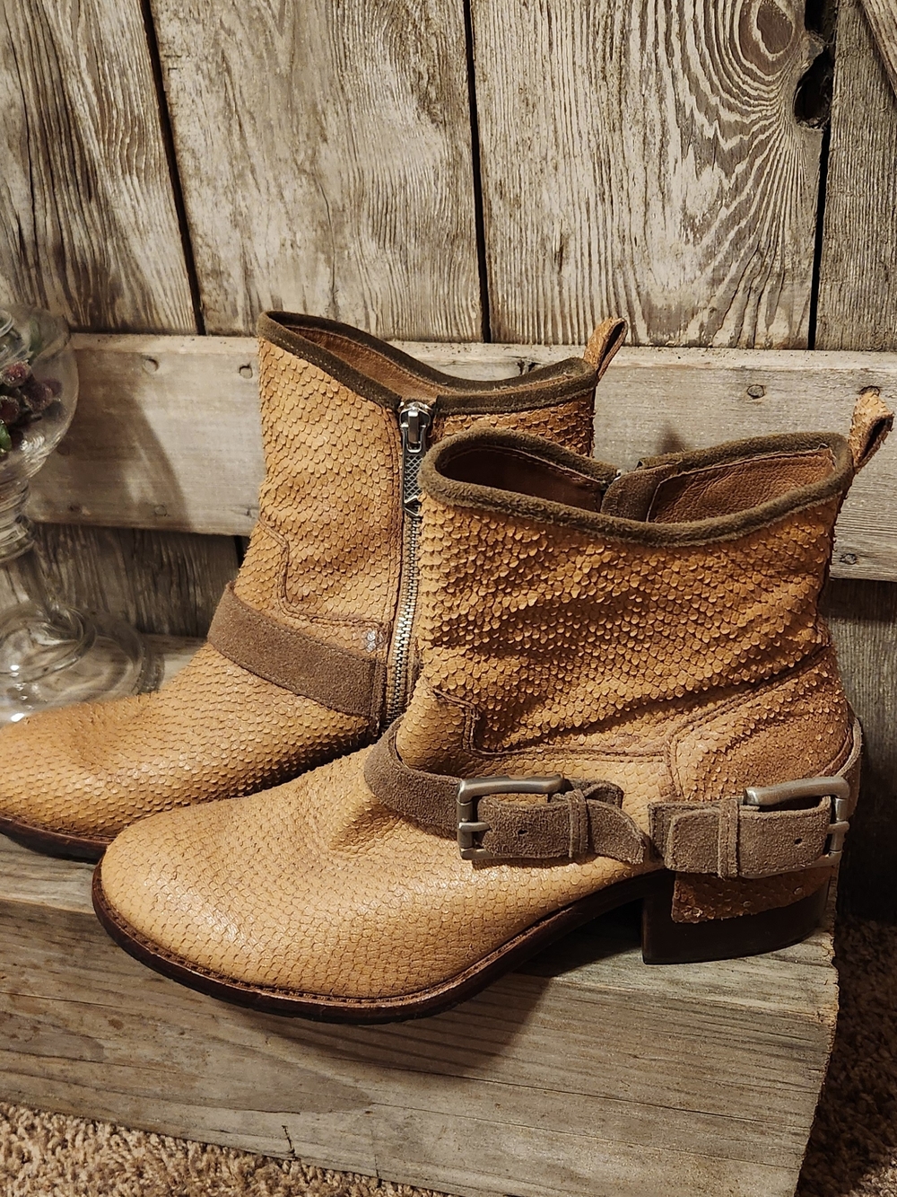Donald J. Pliner Tan Textured Leather Ankle Boots with Buckle
